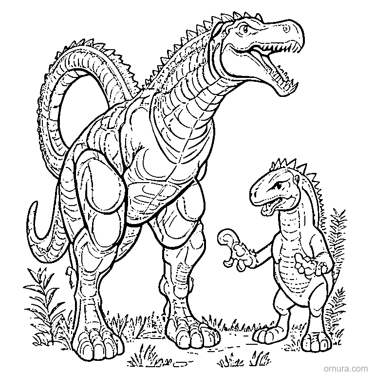 allosaurus and a baby dinosaur coloring page - free printable black and white line art for kids and adults