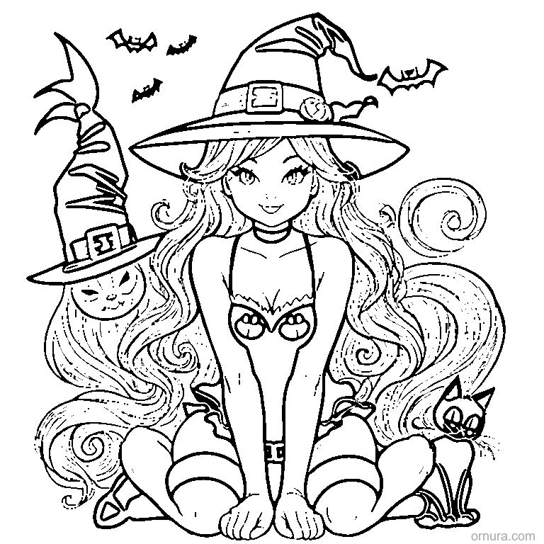 black cat with witch hat coloring page - free printable black and white line art for kids and adults