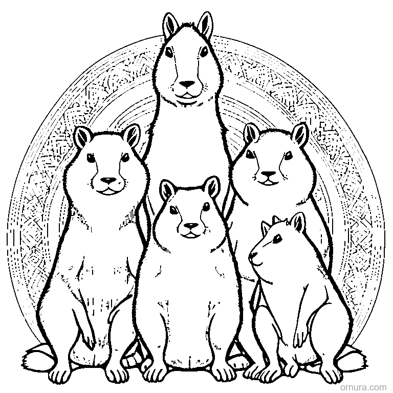 capybara family group coloring page - free printable black and white line art for kids and adults