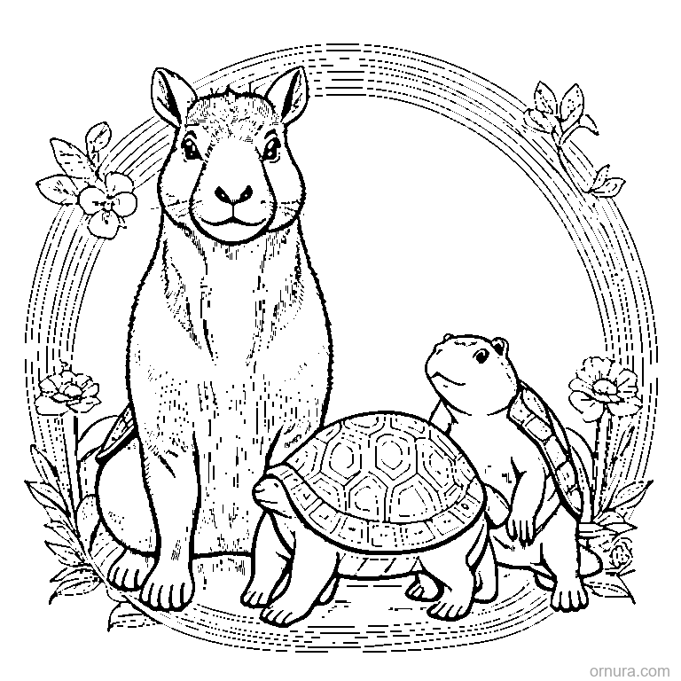 capybara with a turtle friend coloring page - free printable black and white line art for kids and adults