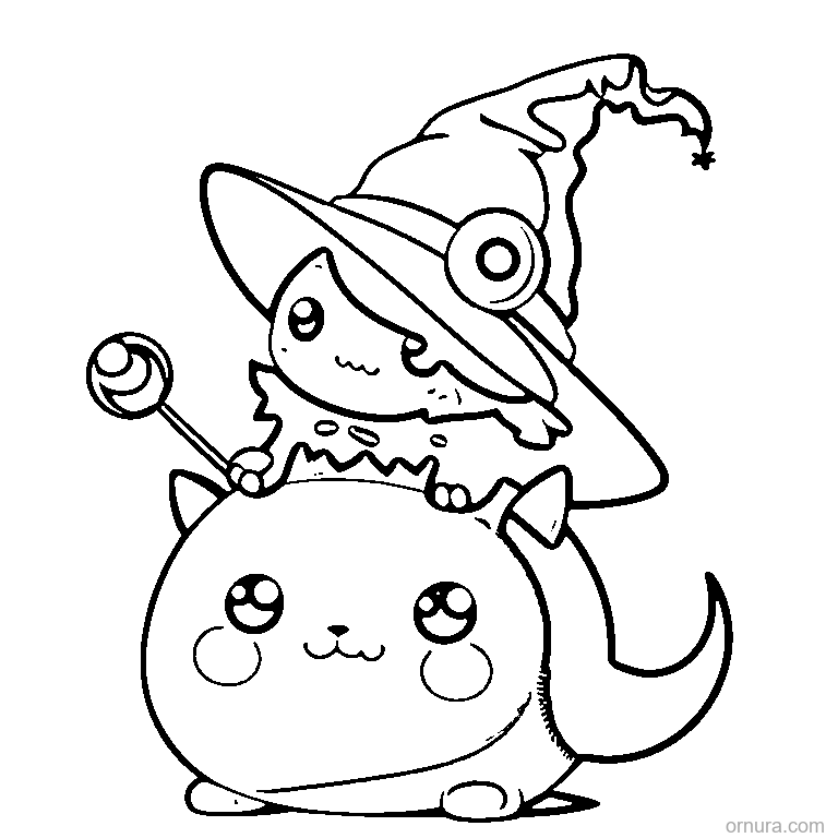 cat in a witch hat with a ghost friend coloring page - free printable black and white line art for kids and adults