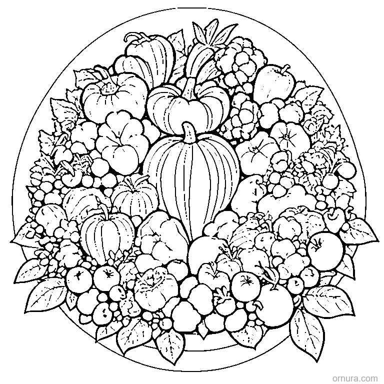 cornucopia with vegetables coloring page - free printable black and white line art for kids and adults