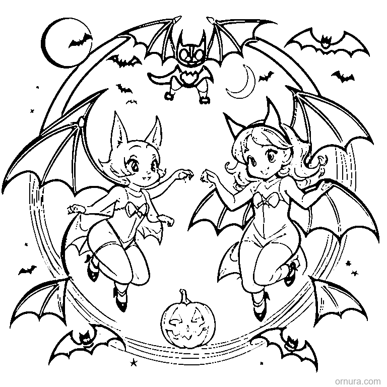 cute bat flying with moon coloring page - free printable black and white line art for kids and adults