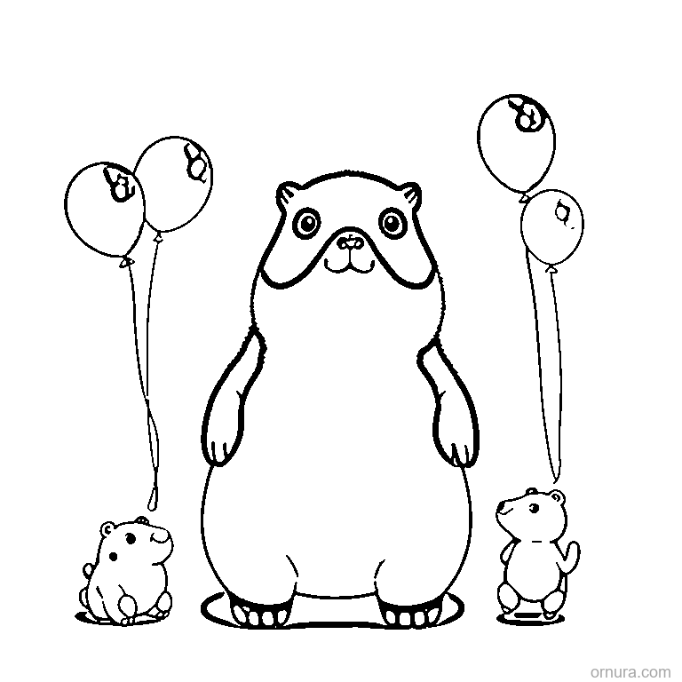 cute capybara with a balloon coloring page - free printable black and white line art for kids and adults