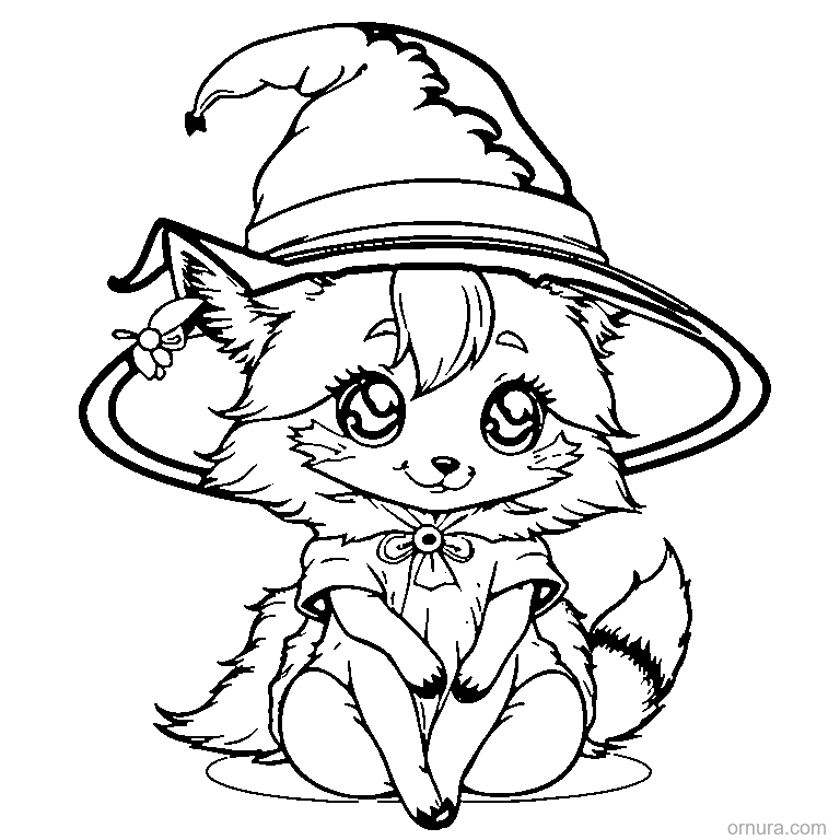 cute fox wearing a witch hat coloring page - free printable black and white line art for kids and adults