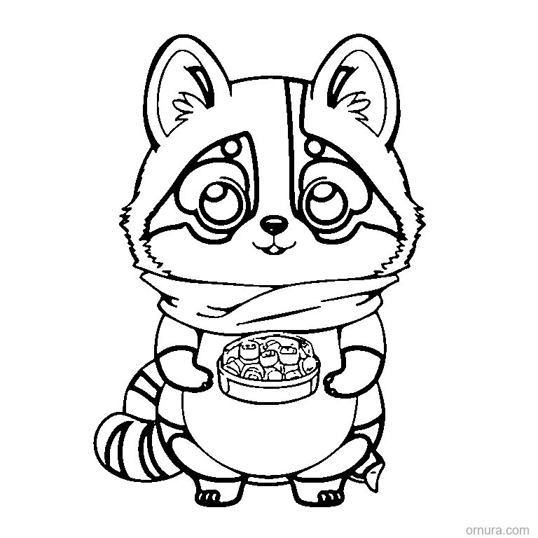 cute raccoon with a treat bowl coloring page - free printable black and white line art for kids and adults