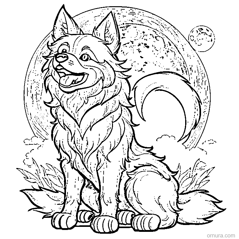 cute werewolf pup howling at the moon coloring page - free printable black and white line art for kids and adults