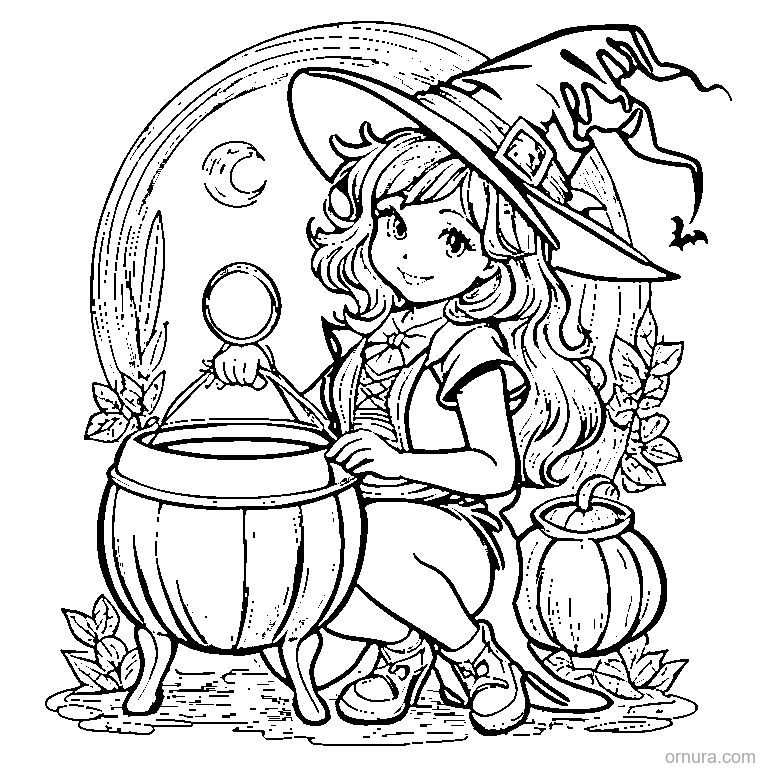 friendly witch with cauldron coloring page - free printable black and white line art for kids and adults