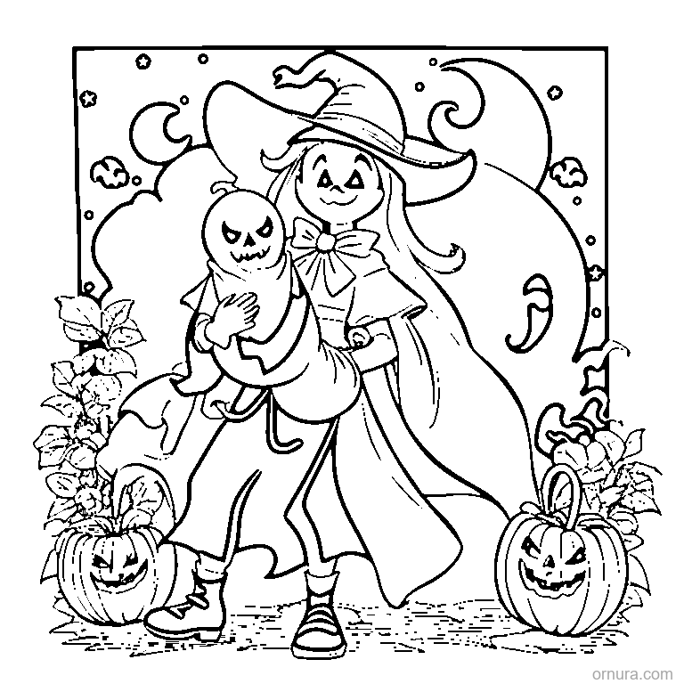 girl in a halloween cape holding a ghost coloring page - free printable black and white line art for kids and adults