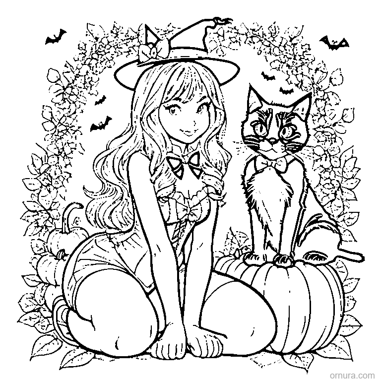 halloween black cat sitting coloring page - free printable black and white line art for kids and adults