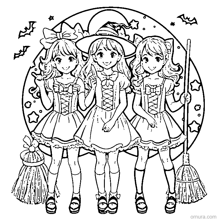 halloween broom and stars coloring page - free printable black and white line art for kids and adults