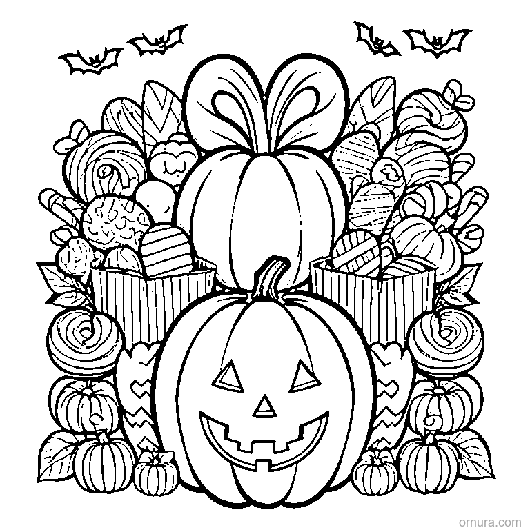 halloween candy bag with treats coloring page - free printable black and white line art for kids and adults