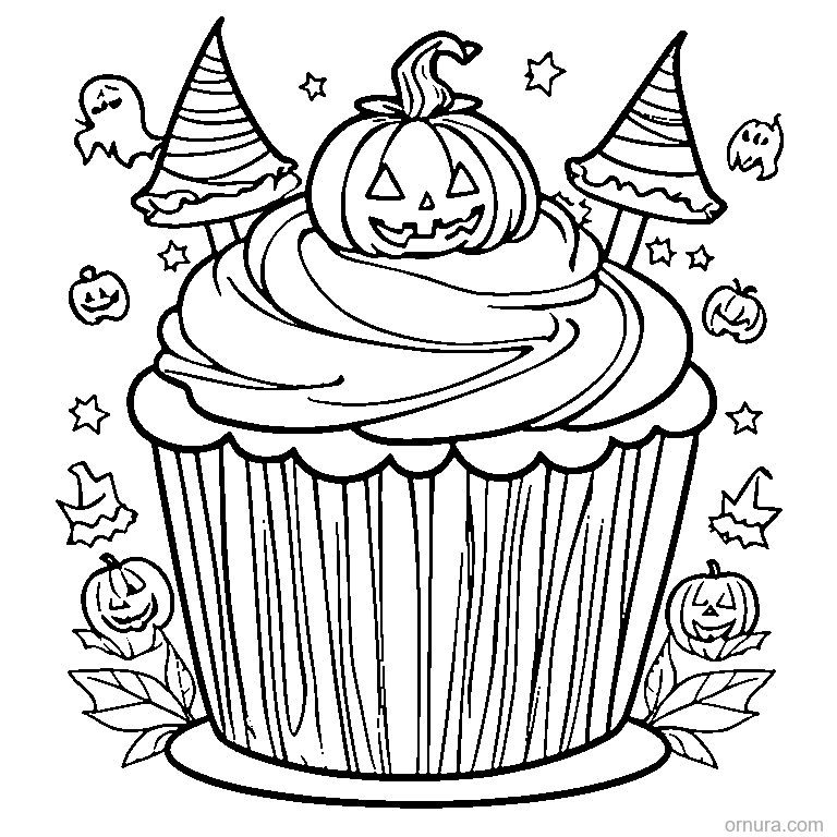 halloween cupcake with ghost topper coloring page - free printable black and white line art for kids and adults