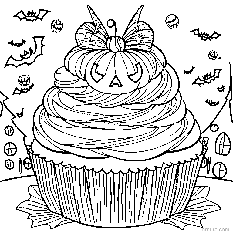 halloween cupcake with spider coloring page - free printable black and white line art for kids and adults