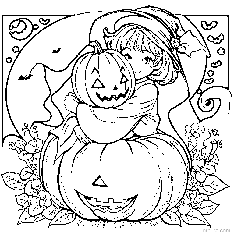 halloween ghost hugging pumpkin coloring page - free printable black and white line art for kids and adults