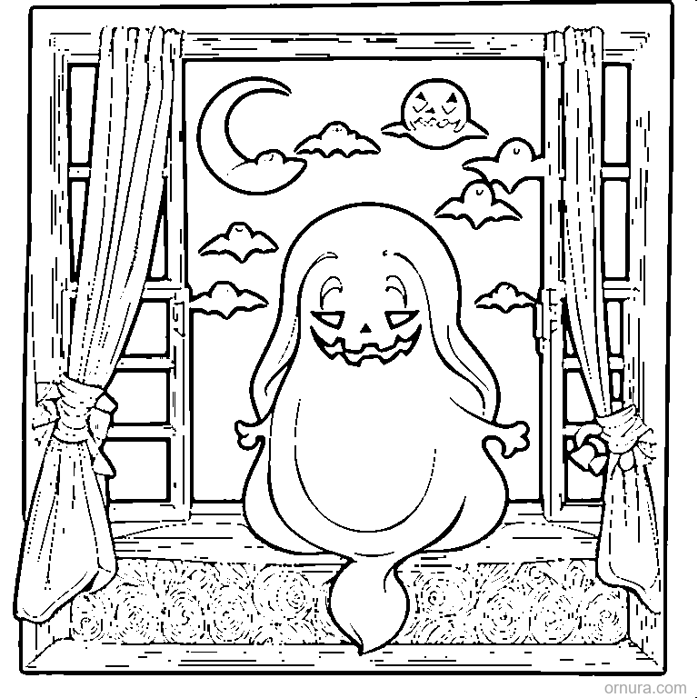 halloween ghost peeking out of window coloring page - free printable black and white line art for kids and adults