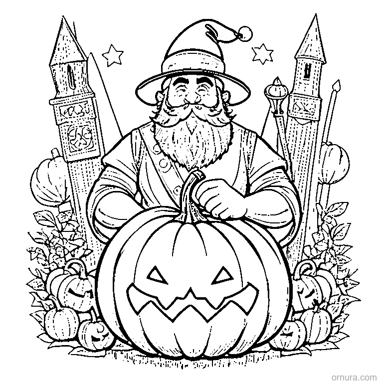 halloween gnome holding a pumpkin coloring page - free printable black and white line art for kids and adults
