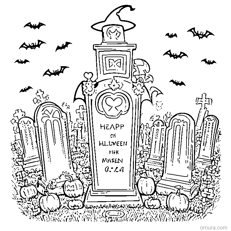 halloween graveyard with tombstones coloring page - free printable black and white line art for kids and adults
