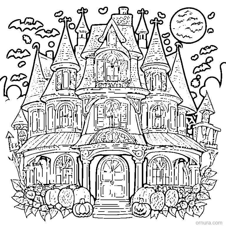 halloween haunted house at night coloring page - free printable black and white line art for kids and adults
