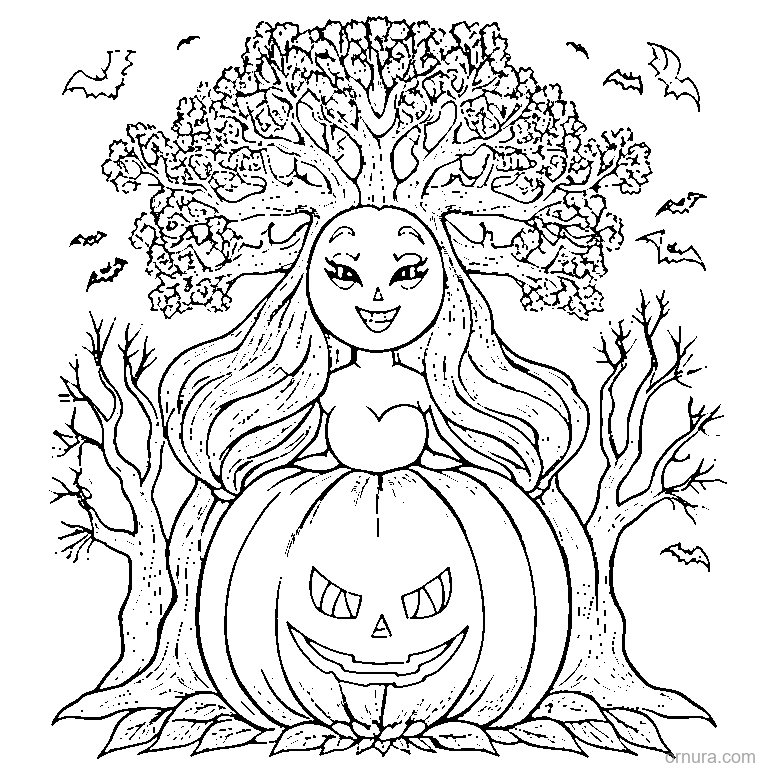 halloween haunted tree with face coloring page - free printable black and white line art for kids and adults