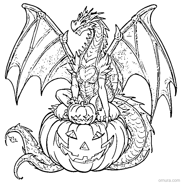 halloween monster with dragon wings coloring page - free printable black and white line art for kids and adults