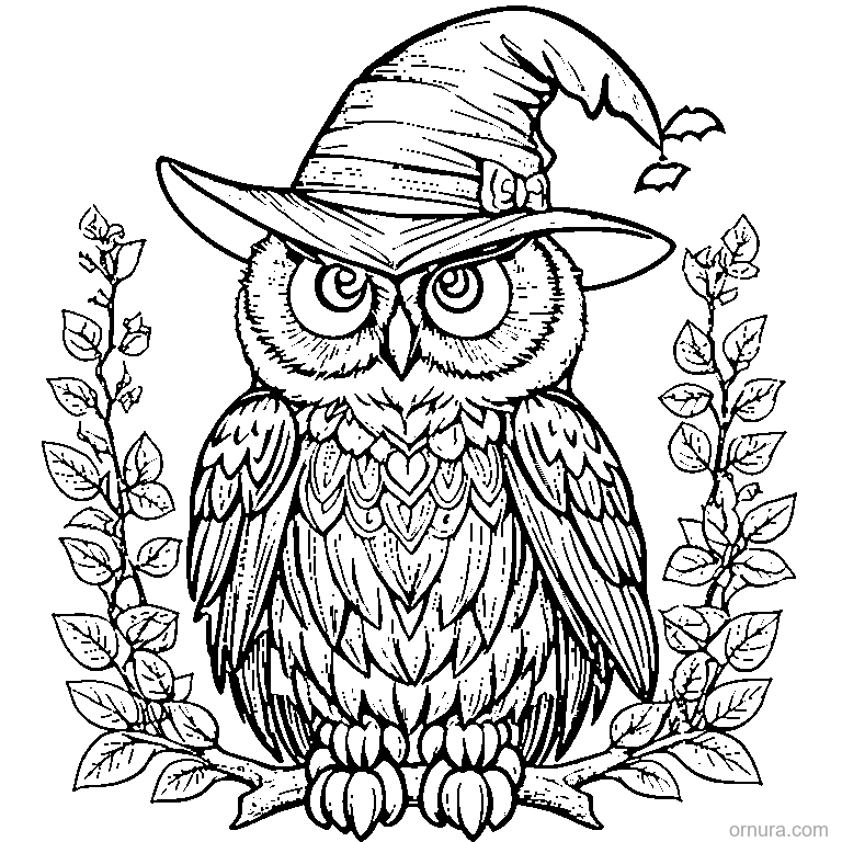 halloween owl with witch hat coloring page - free printable black and white line art for kids and adults