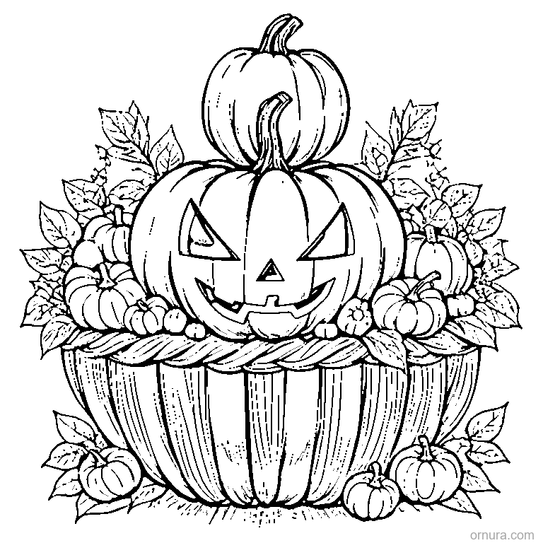 halloween pumpkin basket full coloring page - free printable black and white line art for kids and adults