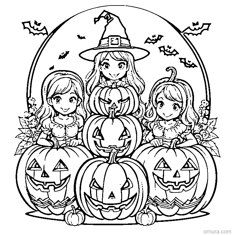 halloween pumpkin family group coloring page - free printable black and white line art for kids and adults
