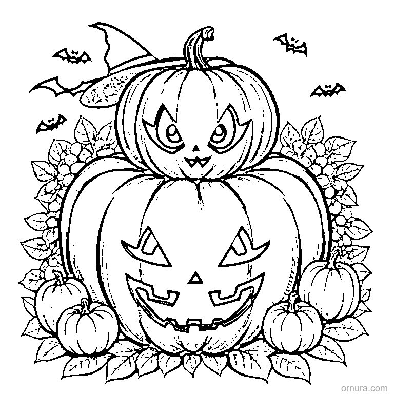 halloween pumpkin with black cat coloring page - free printable black and white line art for kids and adults