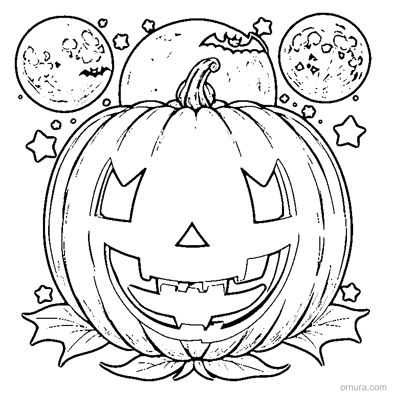 halloween pumpkin with moon and stars coloring page - free printable black and white line art for kids and adults