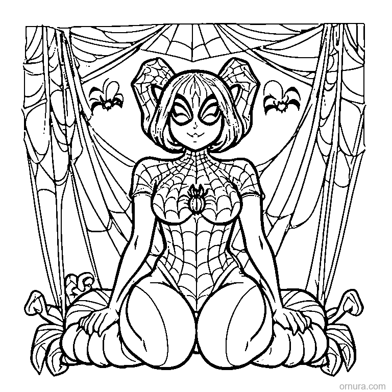 halloween spider sitting in web coloring page - free printable black and white line art for kids and adults