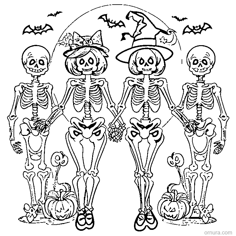 happy halloween skeleton dancing coloring page - free printable black and white line art for kids and adults