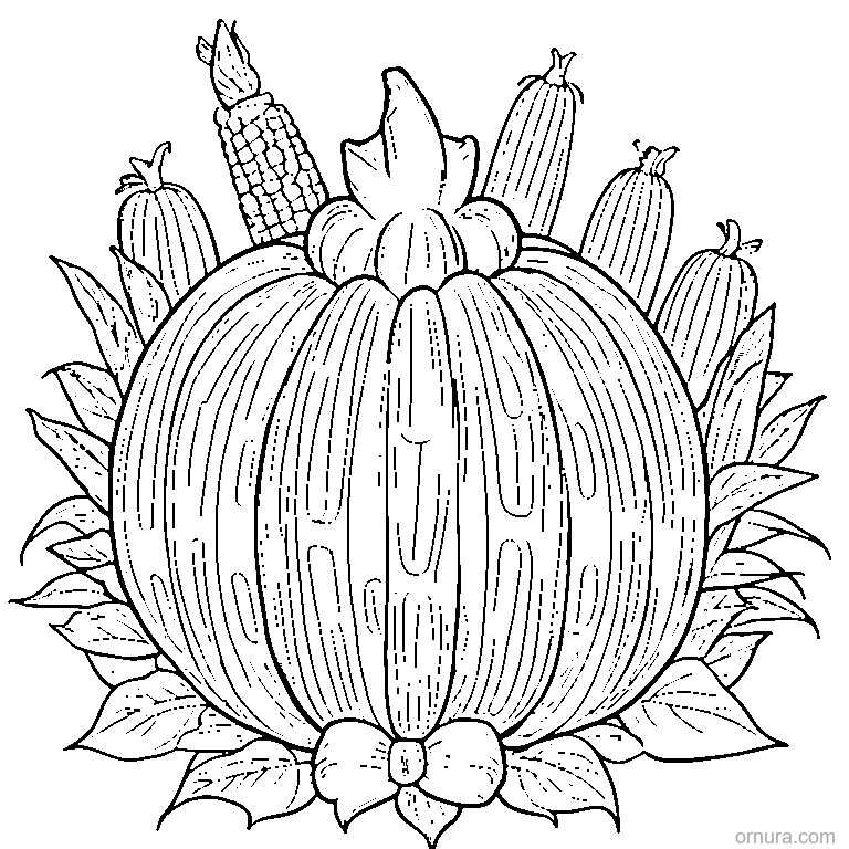harvest pumpkin with corn husks coloring page - free printable black and white line art for kids and adults