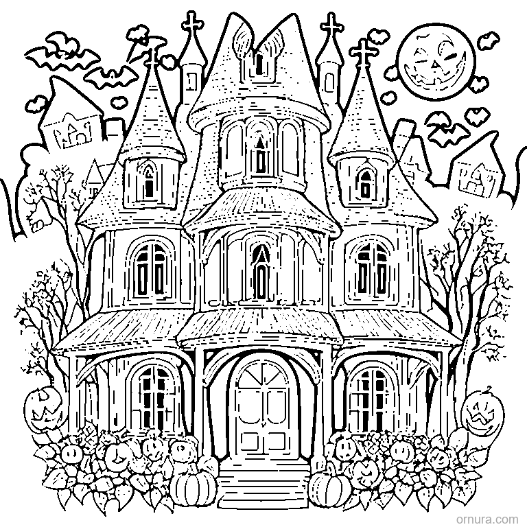 haunted house with friendly ghosts coloring page - free printable black and white line art for kids and adults
