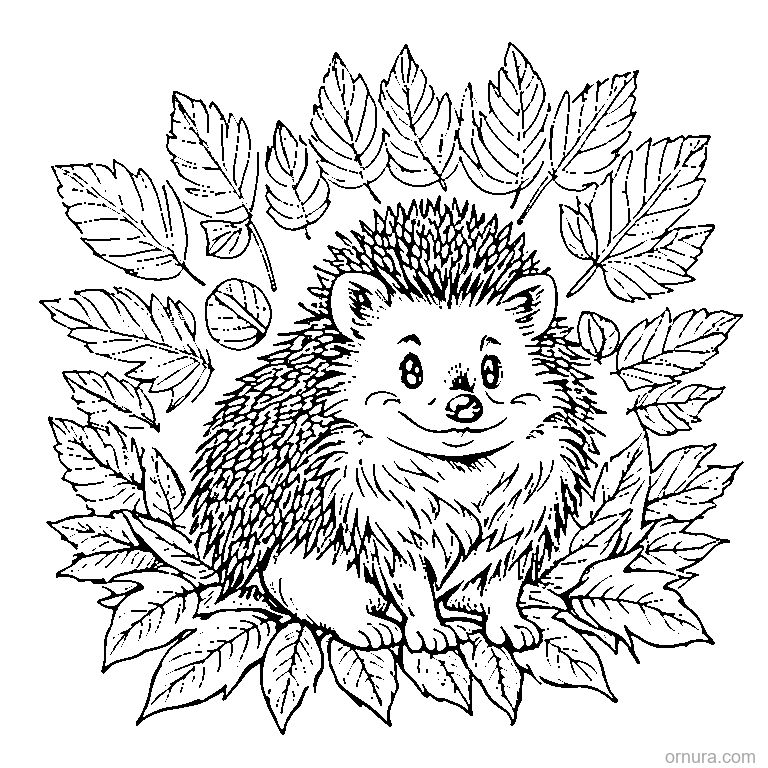 hedgehog covered in fall leaves coloring page - free printable black and white line art for kids and adults