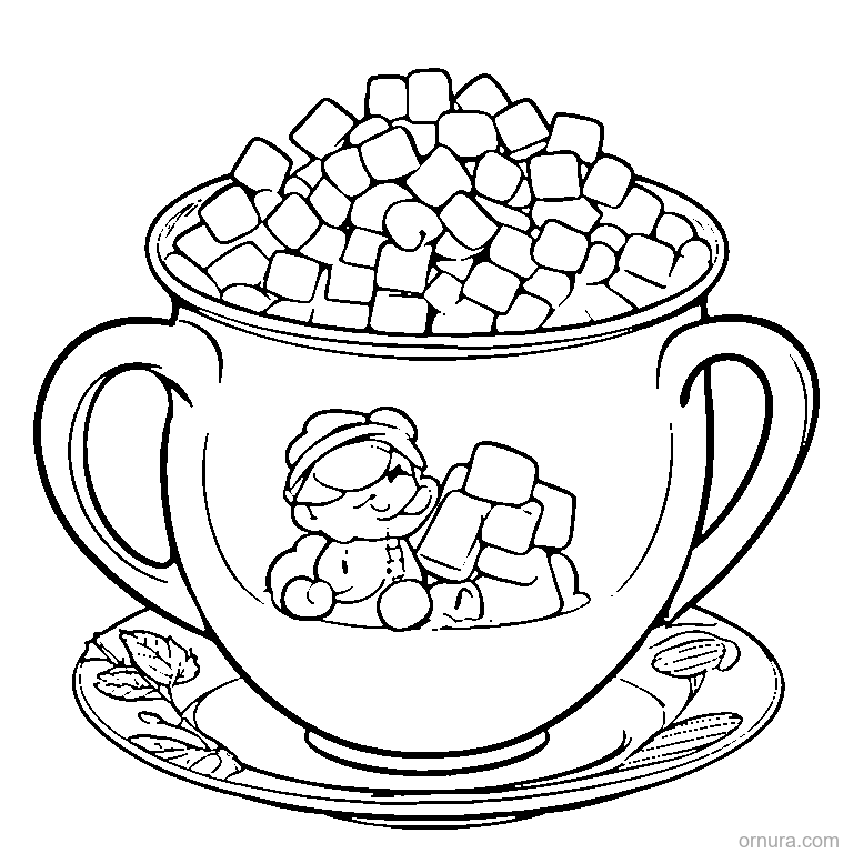 hot cocoa mug with marshmallows coloring page - free printable black and white line art for kids and adults