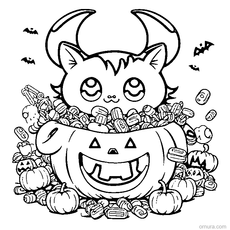 kitten popping out of a candy bucket coloring page - free printable black and white line art for kids and adults