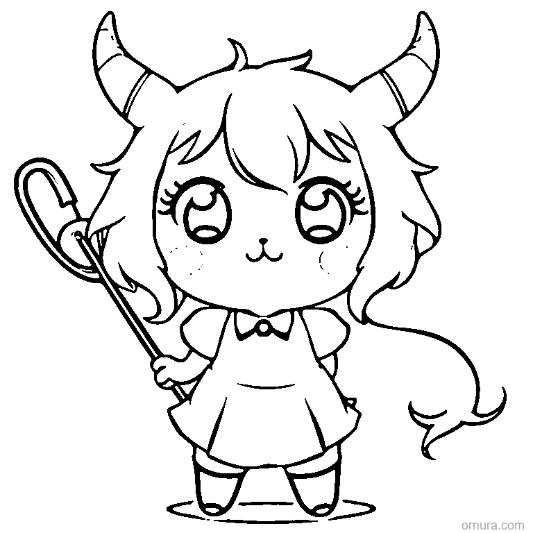little devil girl with a wand coloring page - free printable black and white line art for kids and adults