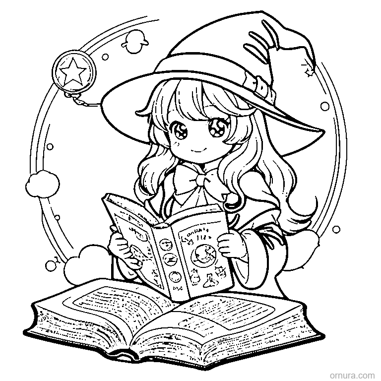 little witch reading a spellbook coloring page - free printable black and white line art for kids and adults