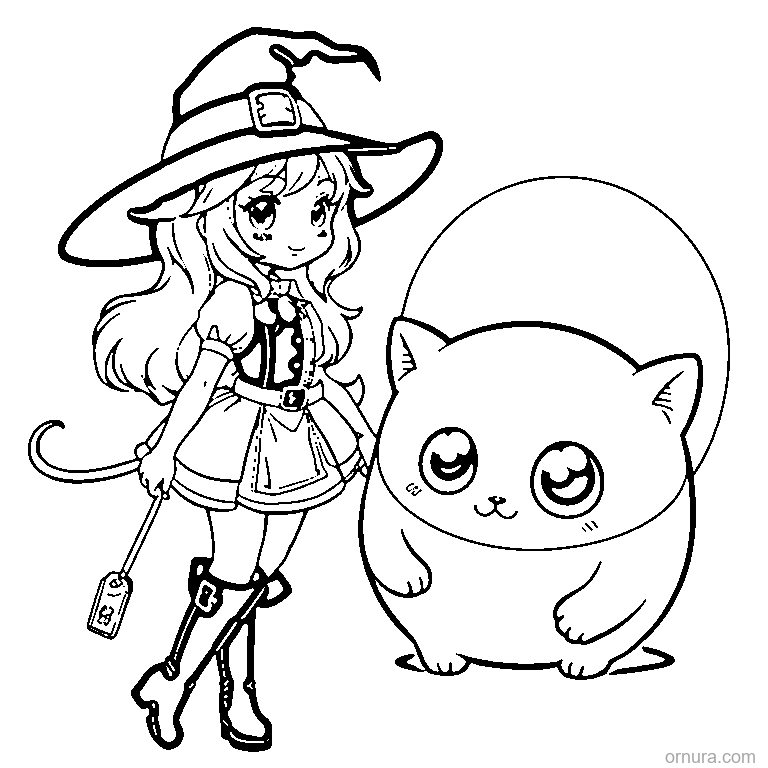 little witch with her cat friend coloring page - free printable black and white line art for kids and adults