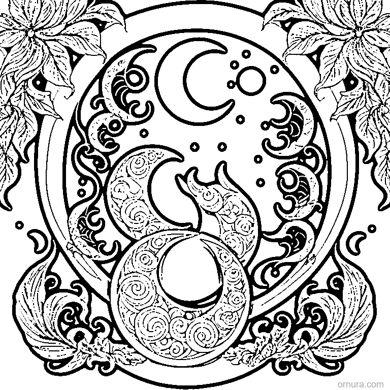 moon pattern crescents coloring page - free printable black and white line art for kids and adults