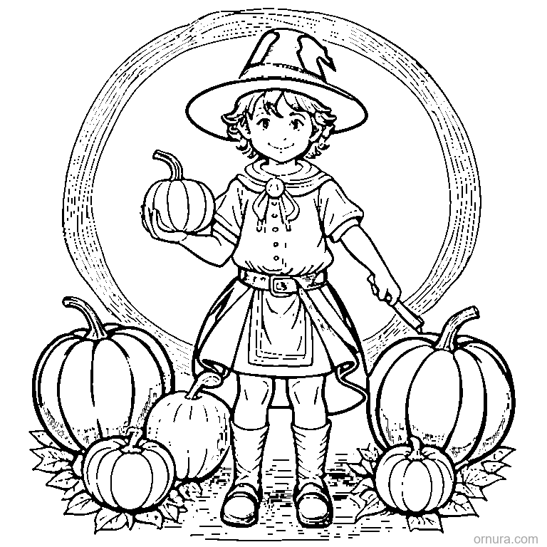 pilgrim boy holding a pumpkin coloring page - free printable black and white line art for kids and adults