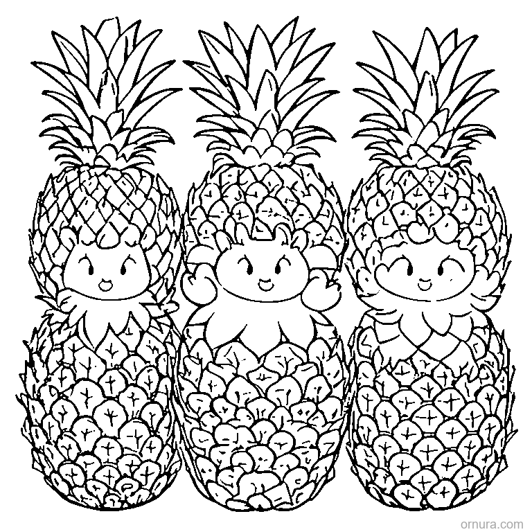 pineapple trio pattern coloring page - free printable black and white line art for kids and adults