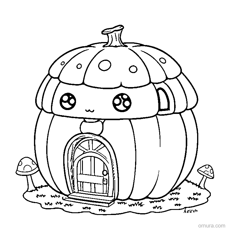 pumpkin cottage with a mushroom roof coloring page - free printable black and white line art for kids and adults