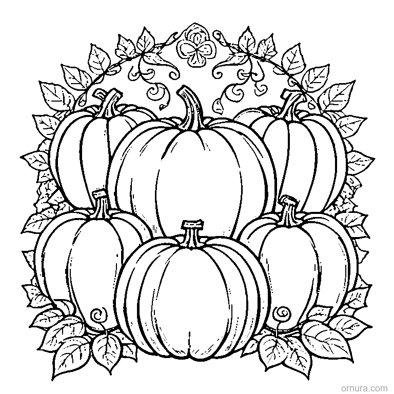 pumpkin family coloring page - free printable black and white line art for kids and adults