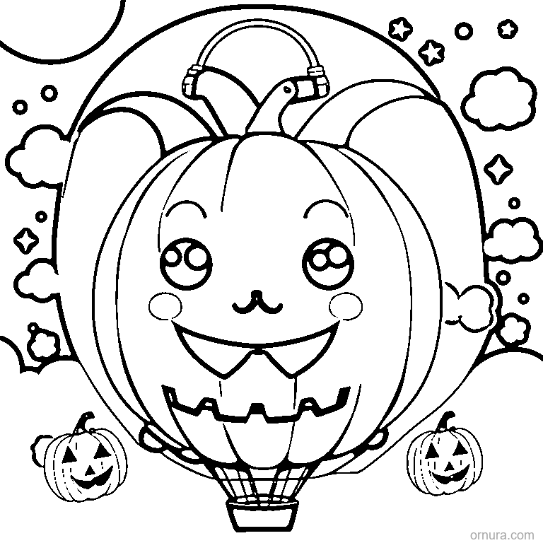 pumpkin hot air balloon coloring page - free printable black and white line art for kids and adults