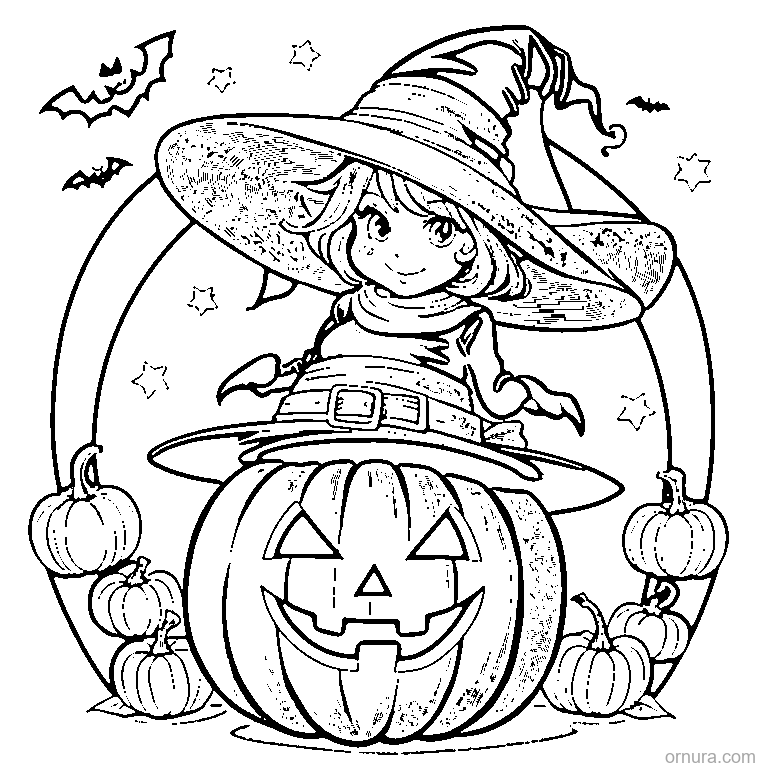 pumpkin with witch hat coloring page - free printable black and white line art for kids and adults