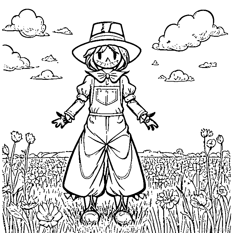 scarecrow standing in a field coloring page - free printable black and white line art for kids and adults