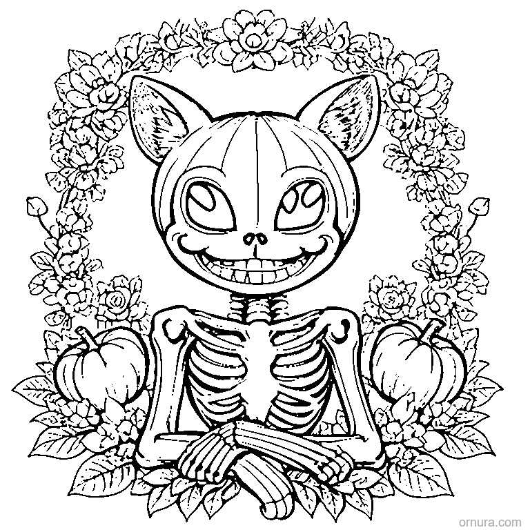 skeleton cat with a pumpkin coloring page - free printable black and white line art for kids and adults