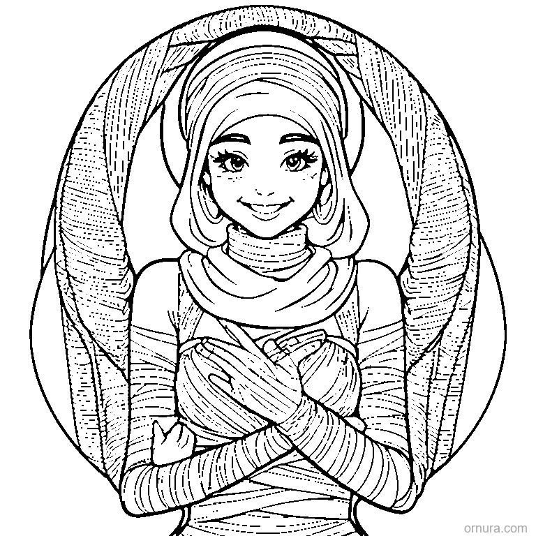 smiling mummy wrapped in bandages coloring page - free printable black and white line art for kids and adults